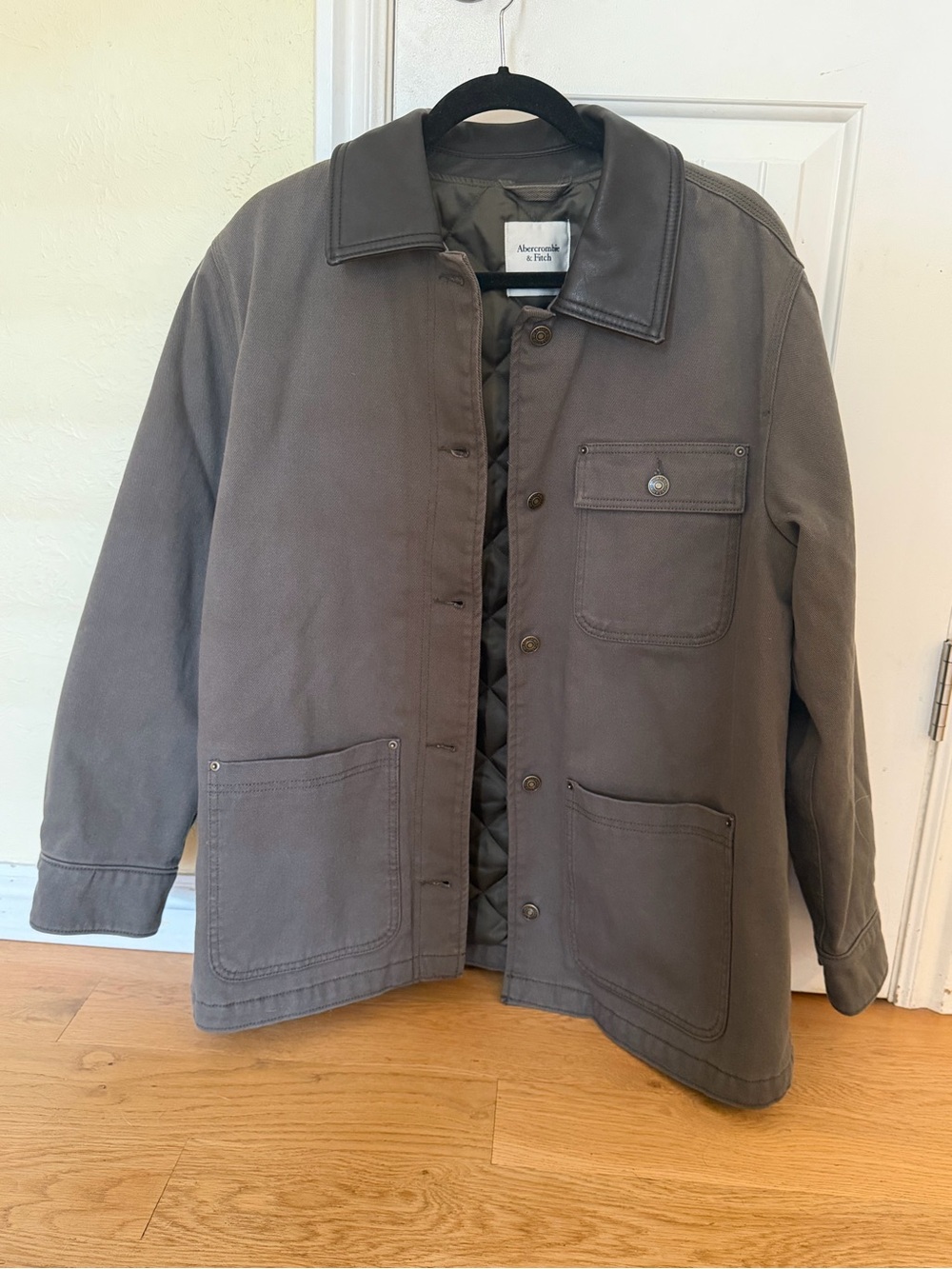 Abercrombie & Fitch Olive Green Canvas Jacket with Dark Brown Collar - Picture 6 of 7